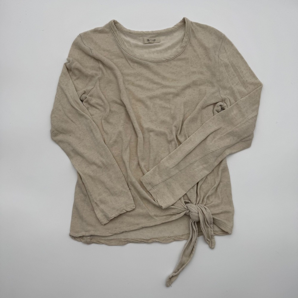 Madewell Womens Long Sleeve Side Tie Knot Hem Tee Beige Heathered Crewneck L